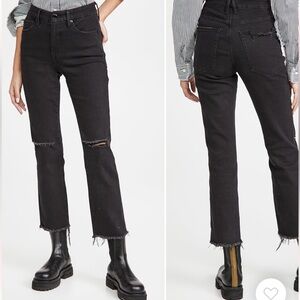 Good American Black Ripped Straight leg ankle jeans